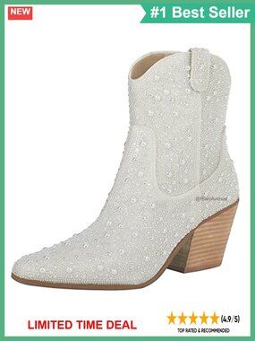 Women Rhinestone Cowboy Boots Glitter Chunky Heel Sparkly Cowgirl Ankle Boots